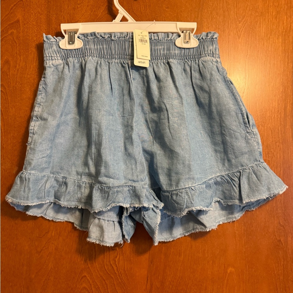 Aerie High Waist Blue Shorts with Ruffle Hem